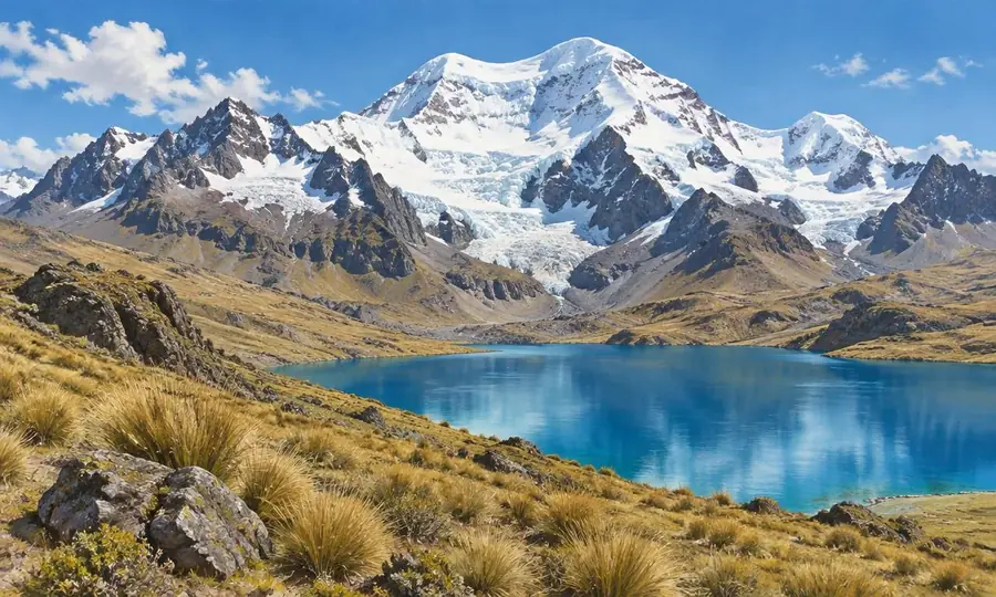 Illustration of an alpine lake below the snow-covered Ausangate massif