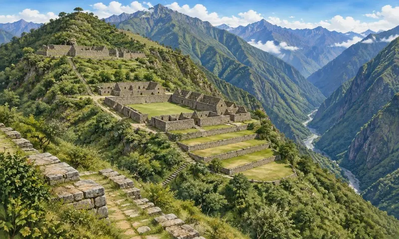 Illustration of Choquequirao stone terraces on a remote Andean ridge