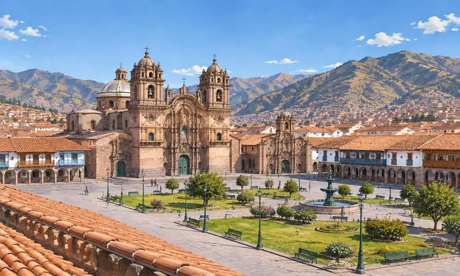Illustration of Cusco’s historic square, stone churches and red-tiled rooftops