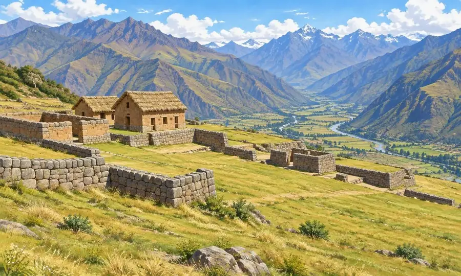 Illustration of Inca stone and adobe buildings above the Sacred Valley