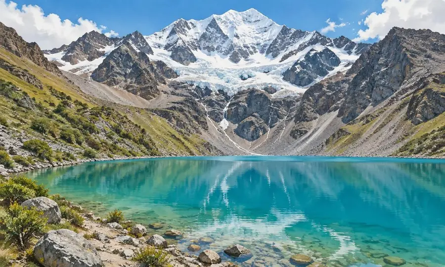 Illustration of turquoise Humantay Lake below snow-covered mountains