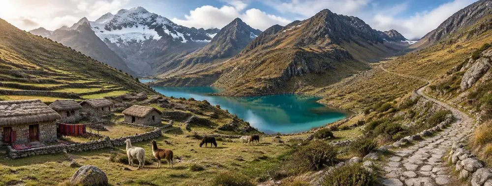 Illustration of high-Andean lakes, grazing llamas and mountains in the Lares region
