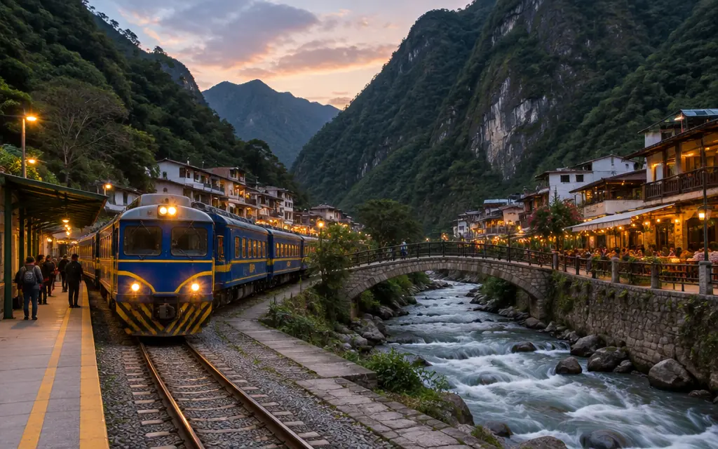 Illustration of a train beside a river in an Andean town at dusk