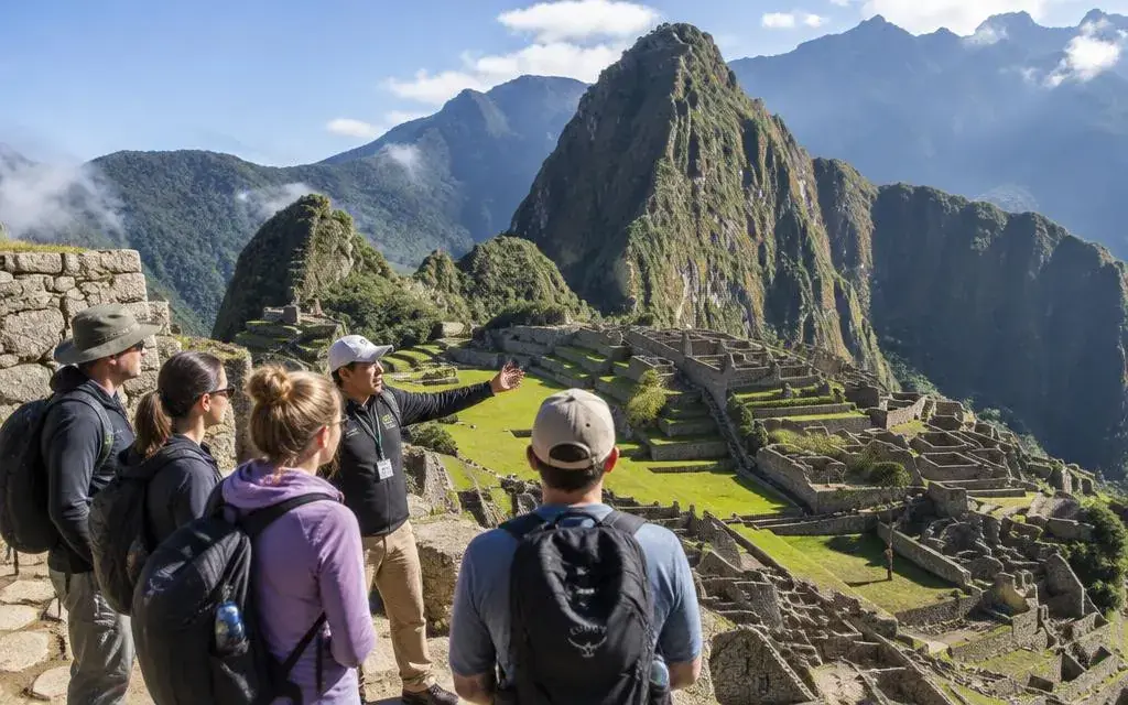 Illustration of visitors overlooking Machu Picchu terraces and Huayna Picchu