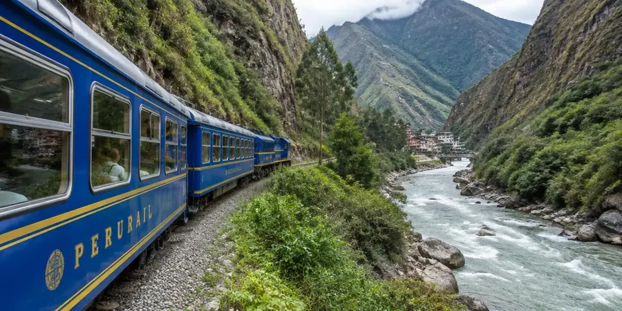 Illustration of a train beside the Urubamba River on the approach to Aguas Calientes