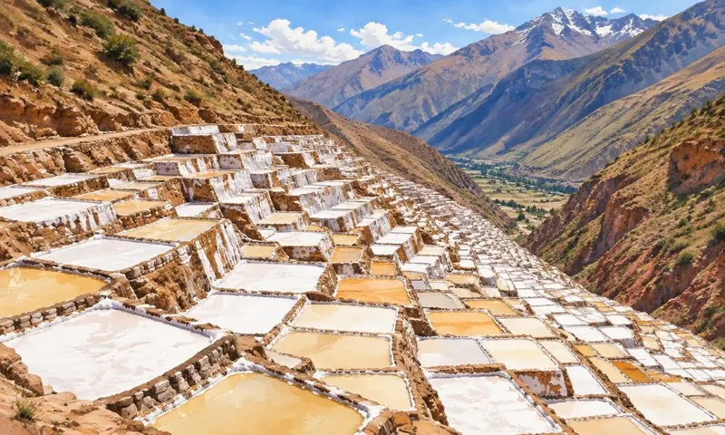 Illustration of white salt evaporation pools stepping down the Maras hillside