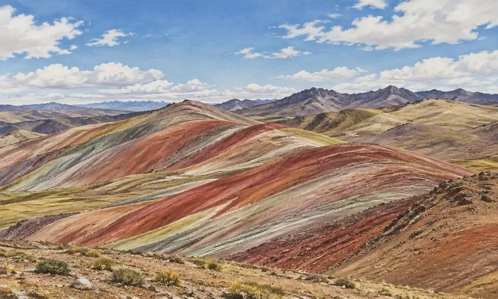 Illustration of gently rolling, mineral-striped mountain ridges at Palcoyo