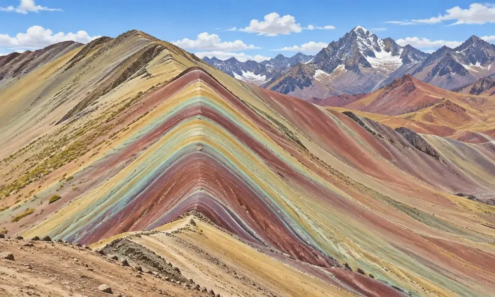 Illustration of the multicolored mineral ridge at Rainbow Mountain