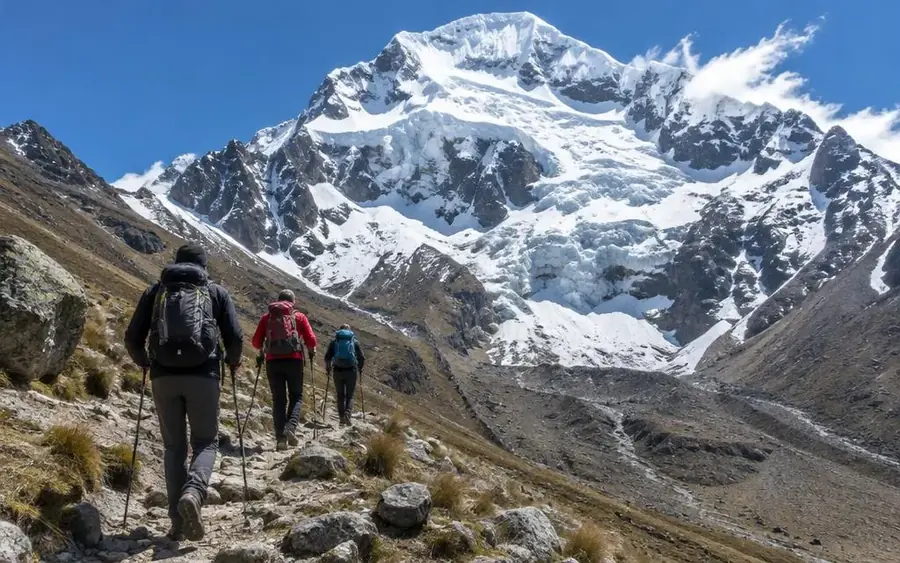 Illustration of trekkers below a snow-covered Salkantay mountain landscape