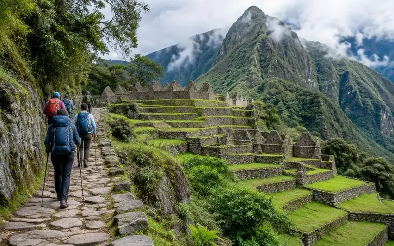 Illustration of hikers beside Inca stone terraces on a green mountain trail